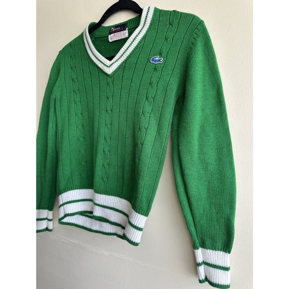 Vintage 80s Izod Lacoste Cable Knit Tennis Sweater Green Collegiate Small XS - Picture 7 of 12